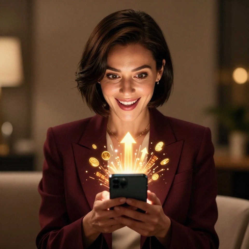 Привлекательная женщина со смартфоном рассматривает акции Фонбет с бонусами на ярком экране